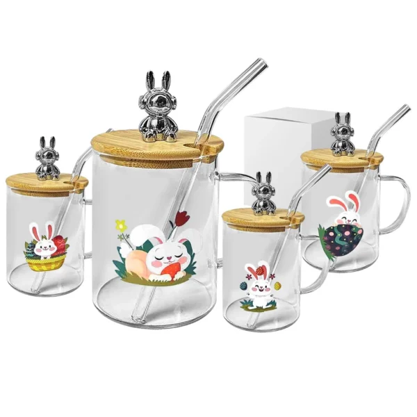 Γυάλινη Κούπα "Happy Rabbit" με Καλαμάκι 400ml